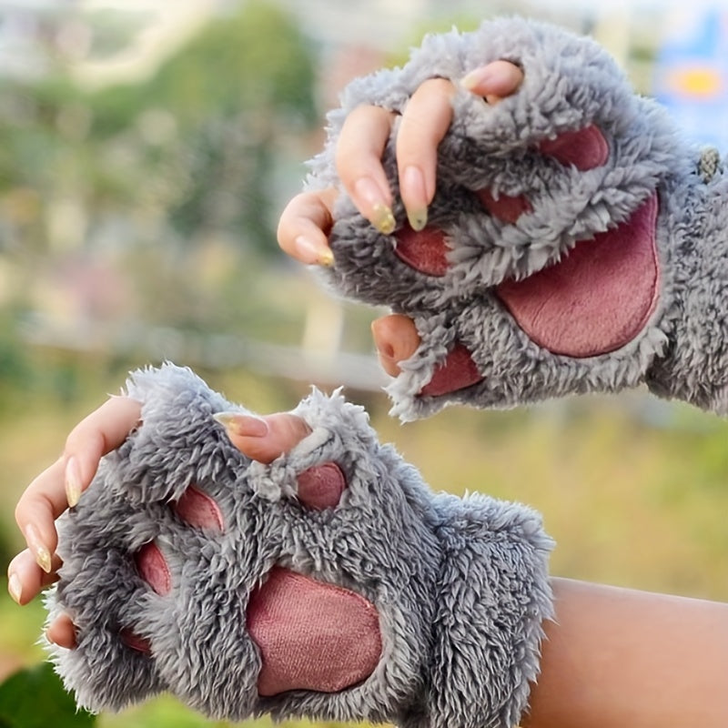 Cute Cat Claw Plush Gloves Stylish Thick Warm Half Finger Gloves Autumn Winter Soft Cozy Fuzzy Gloves
