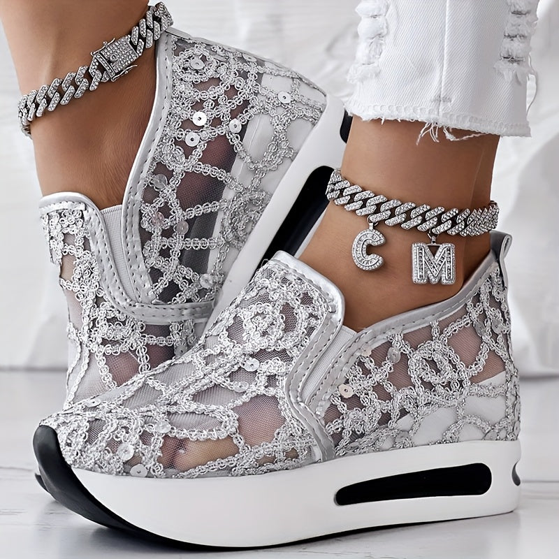 Abstract Print Side Lace-up Casual Wedge Sneakers - Without Anklet