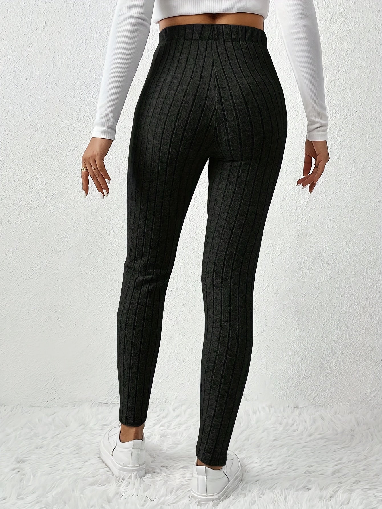Elegant High-Waist Ribbed Knit Pants for Women - Cozy & Chic Brown Slim-Fit Trousers with Elastic Waistband, Perfect for Fall/Winter Casual Wear