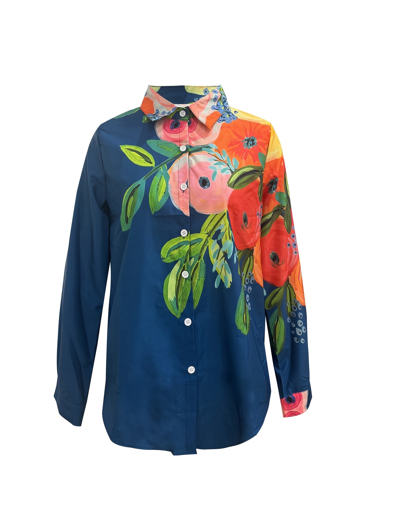 Mother's Day Retro Floral Print Simple Shirt, Casual Button Front Long Sleeve Shirt, Women's