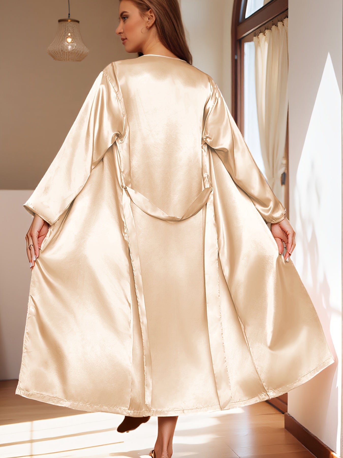 2pcs Women's Elegant V-Neck Satin Pajama Set - Smooth Polyester Fabric, 90g/m², Micro Elasticity - Autumn & Winter Comfortable Home Leisure Wear | Soft & Comfortable | Lace Up Detail