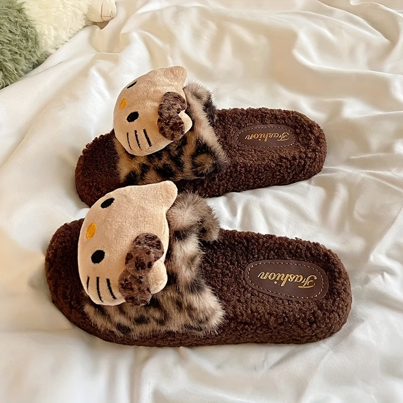 Sanrio Cute Leopard Print Hello Kitty Slippers For Women Autumn And Winter Home Indoor Non-slip Cute Thick Sole New Style Outdoor Wear High Value Warm Fur Leopard Print Slippers