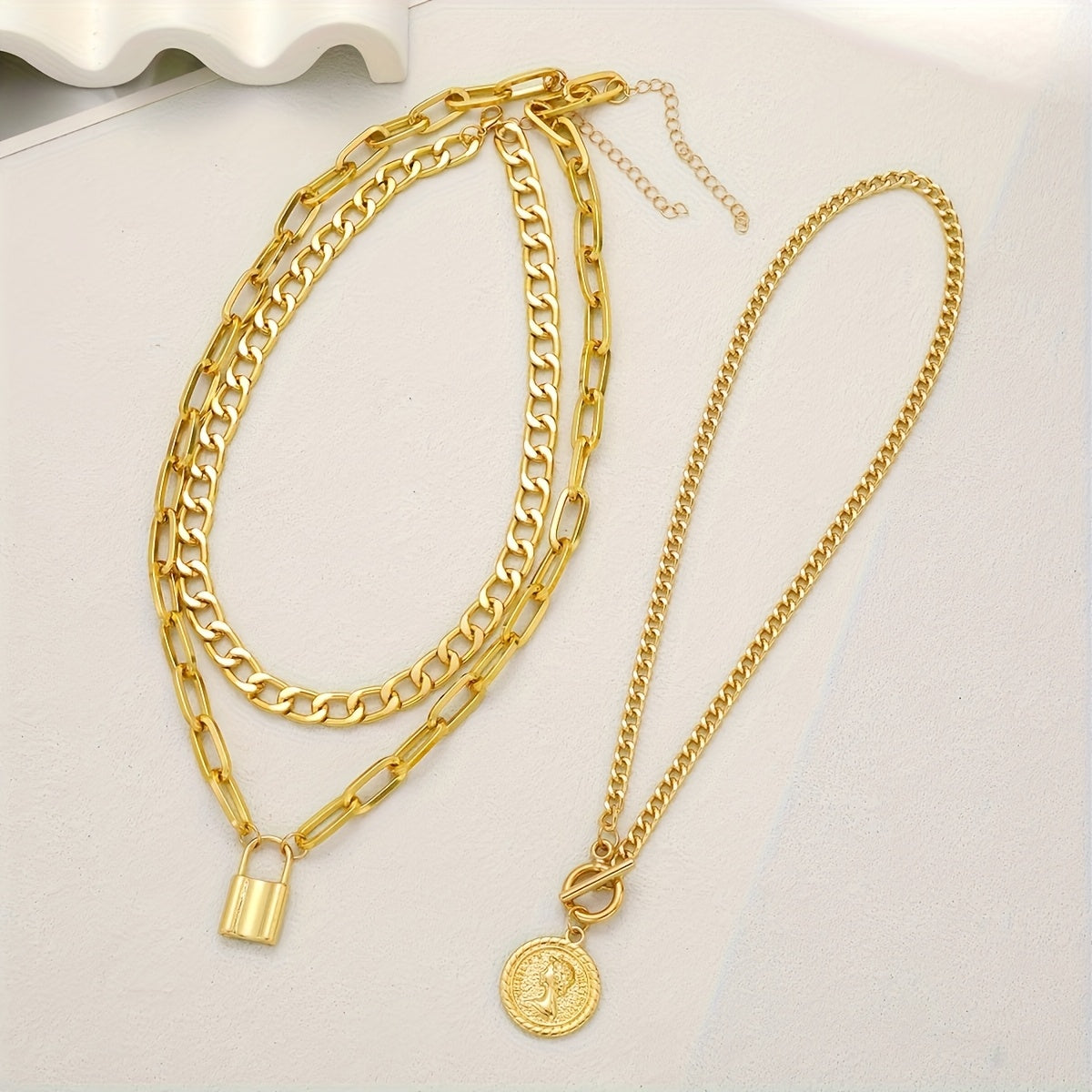 Luxury Golden Multilayer Cuban Chain Necklace with OT Clasp and Portrait Pendant - Women’s Punk Style Layered Jewelry for Casual Attire, Mother’s Day Gift, Pendant Necklace
