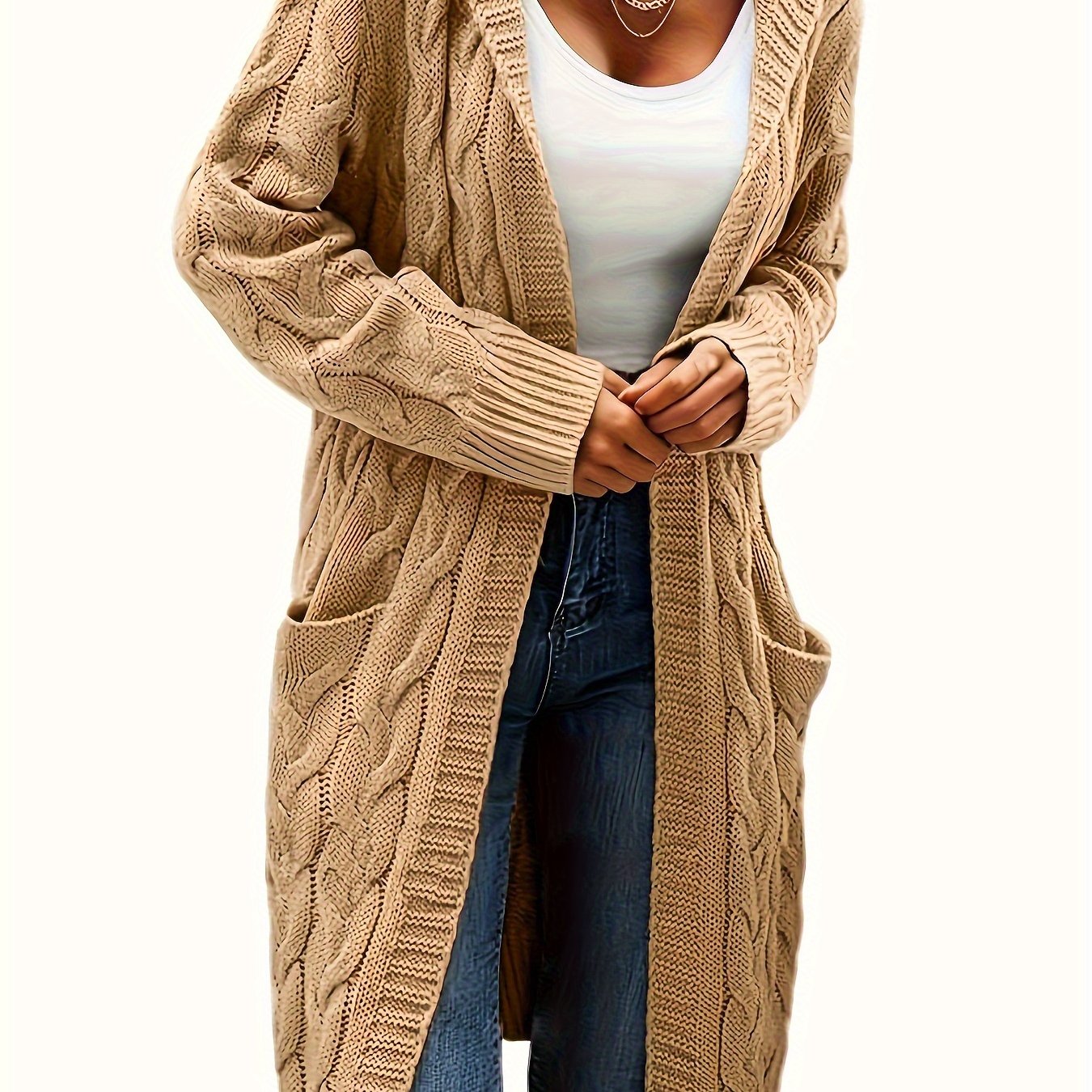 [Open Front] Women's Casual Cardigan - Black Cable Knit, Long Sleeve, Open Front with Pockets - Relaxed Fit for Fall/Winter