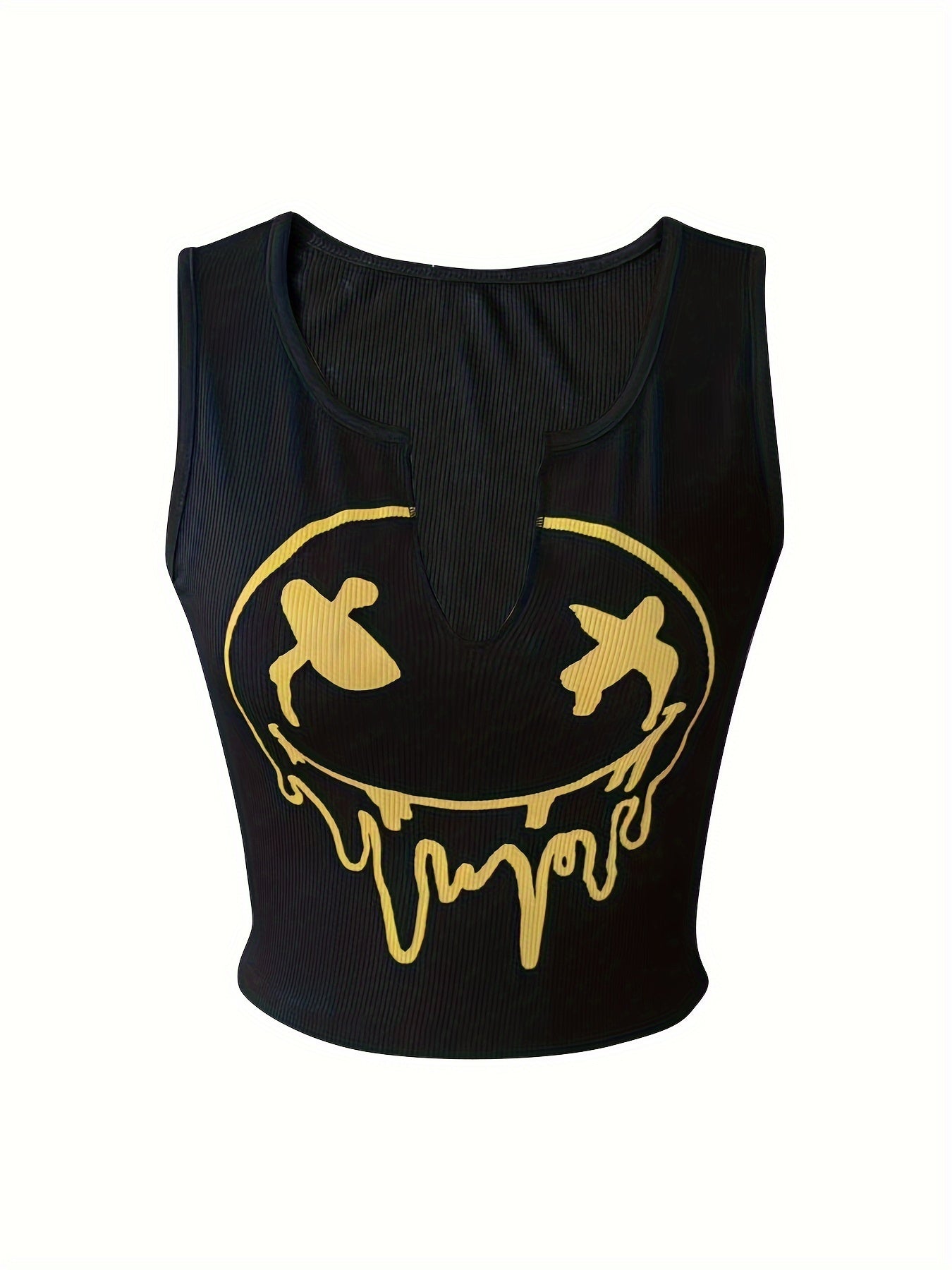 Melted Smile Print Crew Neck Tank Top, Cute Sleeveless Tank Top For Summer, Women's Clothing