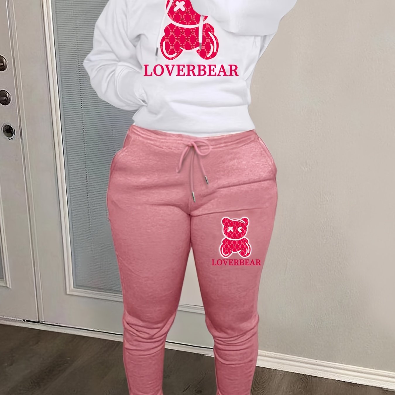 Cartoon Bear Print Two-piece Set, Drawstring Long Sleeve Hoodies & Workout Jogger Pants Outfits, Women's Clothing
