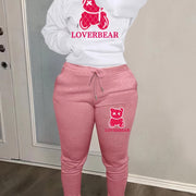 Cartoon Bear Print Two-piece Set, Drawstring Long Sleeve Hoodies & Workout Jogger Pants Outfits, Women's Clothing