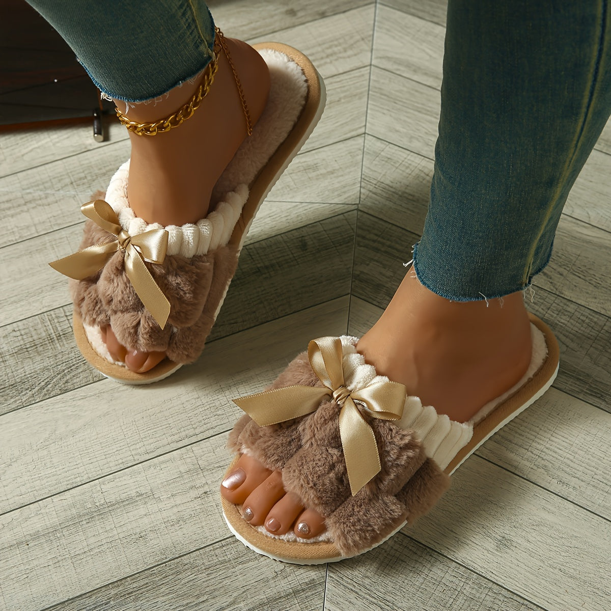 Colorblock Fuzzy Home Warm Slippers, Bowknot Decor Soft Sole Lightweight Fuzzy Shoes, Non-slip Winter Plush Shoes
