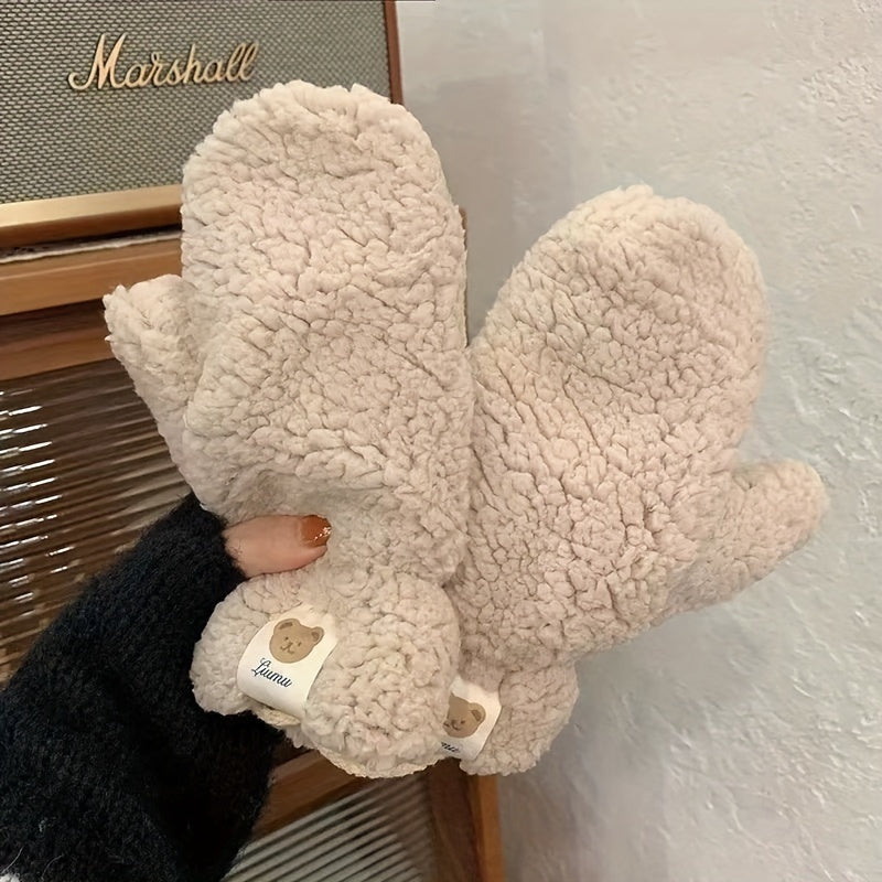 Winter Fleece Mittens with Hanging Cord, Plush Lamb Lined Warm Gloves, Windproof Thermal Thickened for Outdoor Cycling and Going Out - Hand Washable Woven Craftsmanship, Elastic Fit