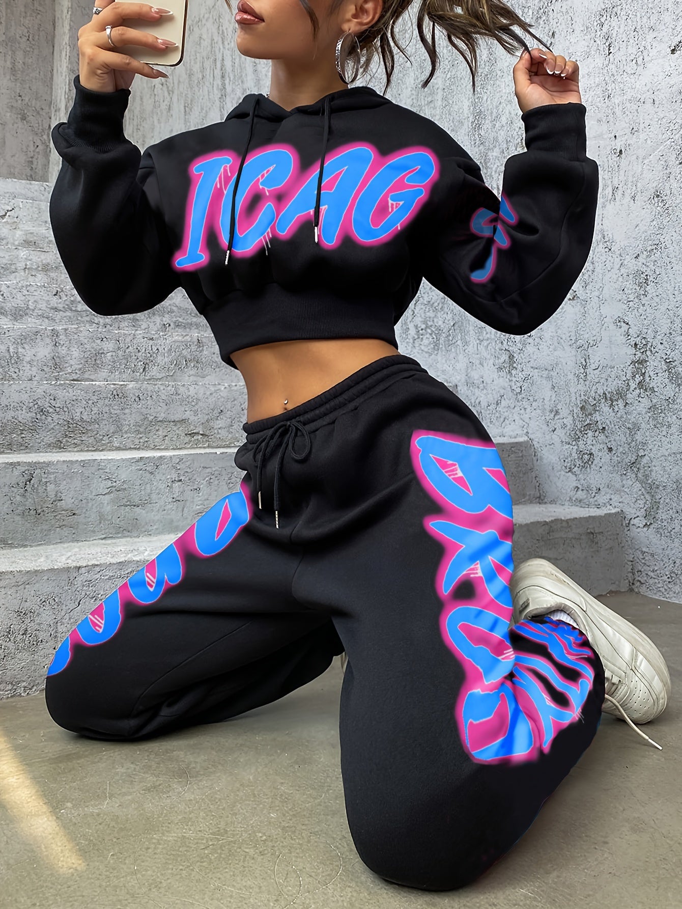 Women'S Spring/Fall Hooded Sweatshirt and Pants Set, Polyester 98% Elastane 2%, Alphabet Pattern, Knit Fabric, 250g/m² - A3964