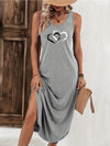 Women'S Summer Sleeveless V-Neck Dress, Casual Loose Fit Long Dress with Heart Print, Polyester 95% Spandex 5% Knit Fabric, Fashionable Grey Tank Dress for Ladies