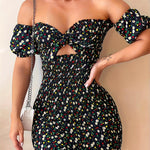 Elegant Off-Shoulder Floral Bodycon Dress - Summer Bohemian Style, Short Sleeve, Polyester, Machine Washable