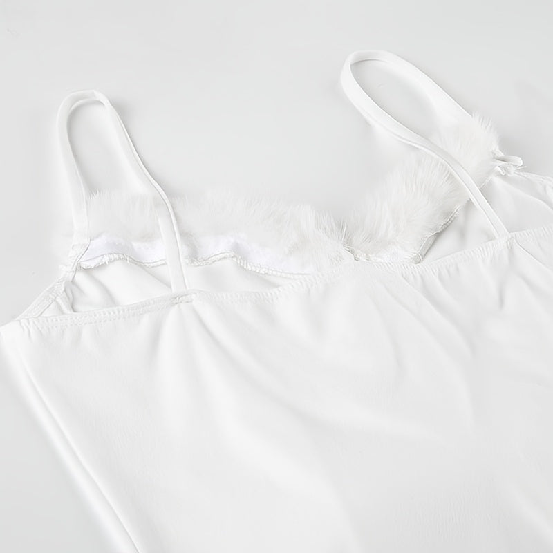 Women'S White Furry Trim Spaghetti Strap Dress, Sexy Sleeveless Knit Slip with Raw Hem Detail, Polyester 95% Elastane 5%, Solid Color, Fall/Winter Collection