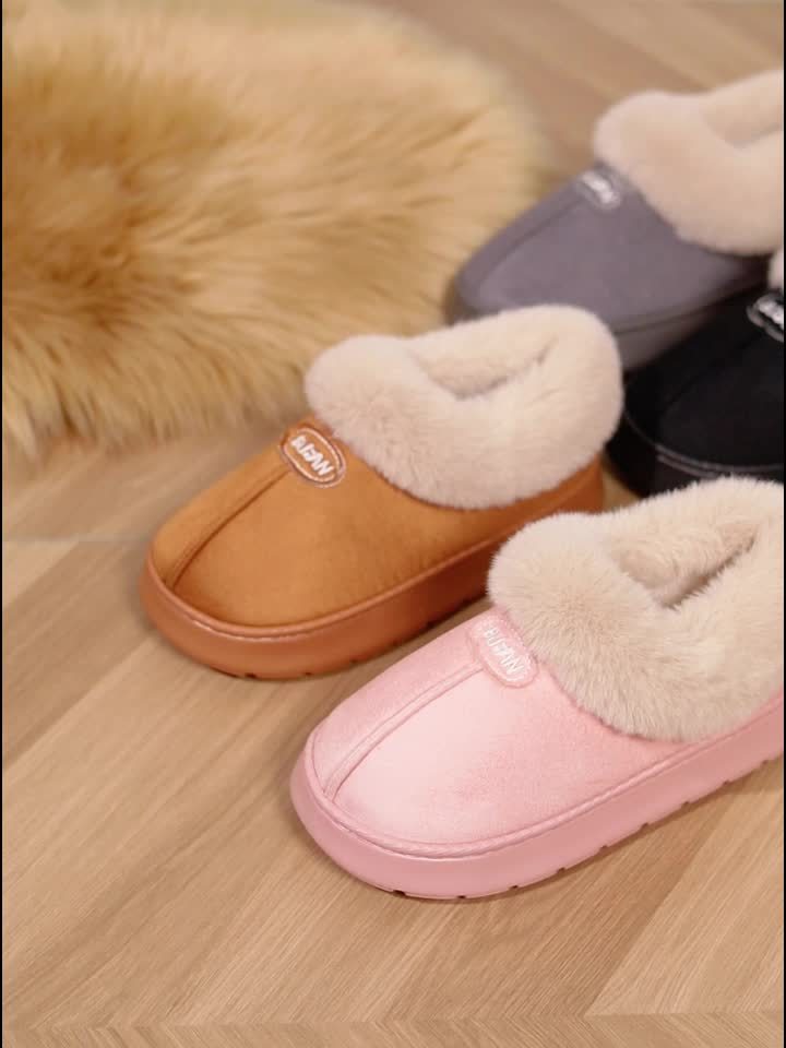 Women'S Preppy Solid Color Slip on Furry Slippers, Soft Warm Plus Fleece House Shoes with Round Toe, EVA Sole, Fabric Upper and Inner Material, Casual All-season Slippers