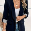 Women's Casual Blazer Jacket - Navy Blue Solid Color, Regular Fit Long Sleeve H-Silhouette, Structured Shoulders & Chest Pocket, Spring/Fall Versatile Office to Weekend Wear
