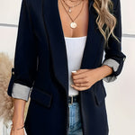 Women's Casual Blazer Jacket - Navy Blue Solid Color, Regular Fit Long Sleeve H-Silhouette, Structured Shoulders & Chest Pocket, Spring/Fall Versatile Office to Weekend Wear