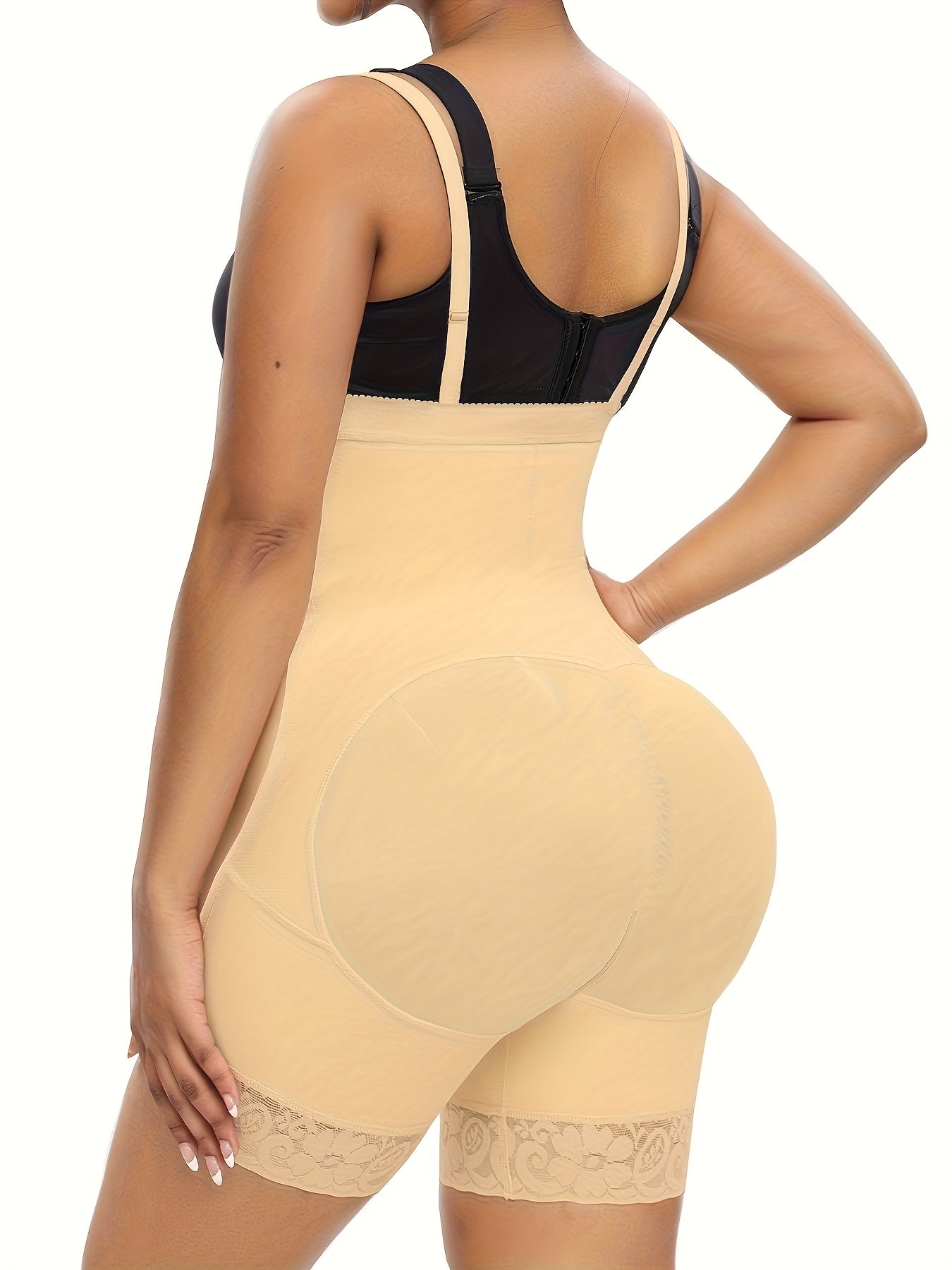Women's Plus Size Tummy Control Shapewear Bodysuit with Zipper, Lace Detailing & Open Crotch Design - Black, High Stretch, Slimming Waist Cincher for All-Day Support, Body Shaping Wear | Lace Trimmed Shapewear | Hookandeye De