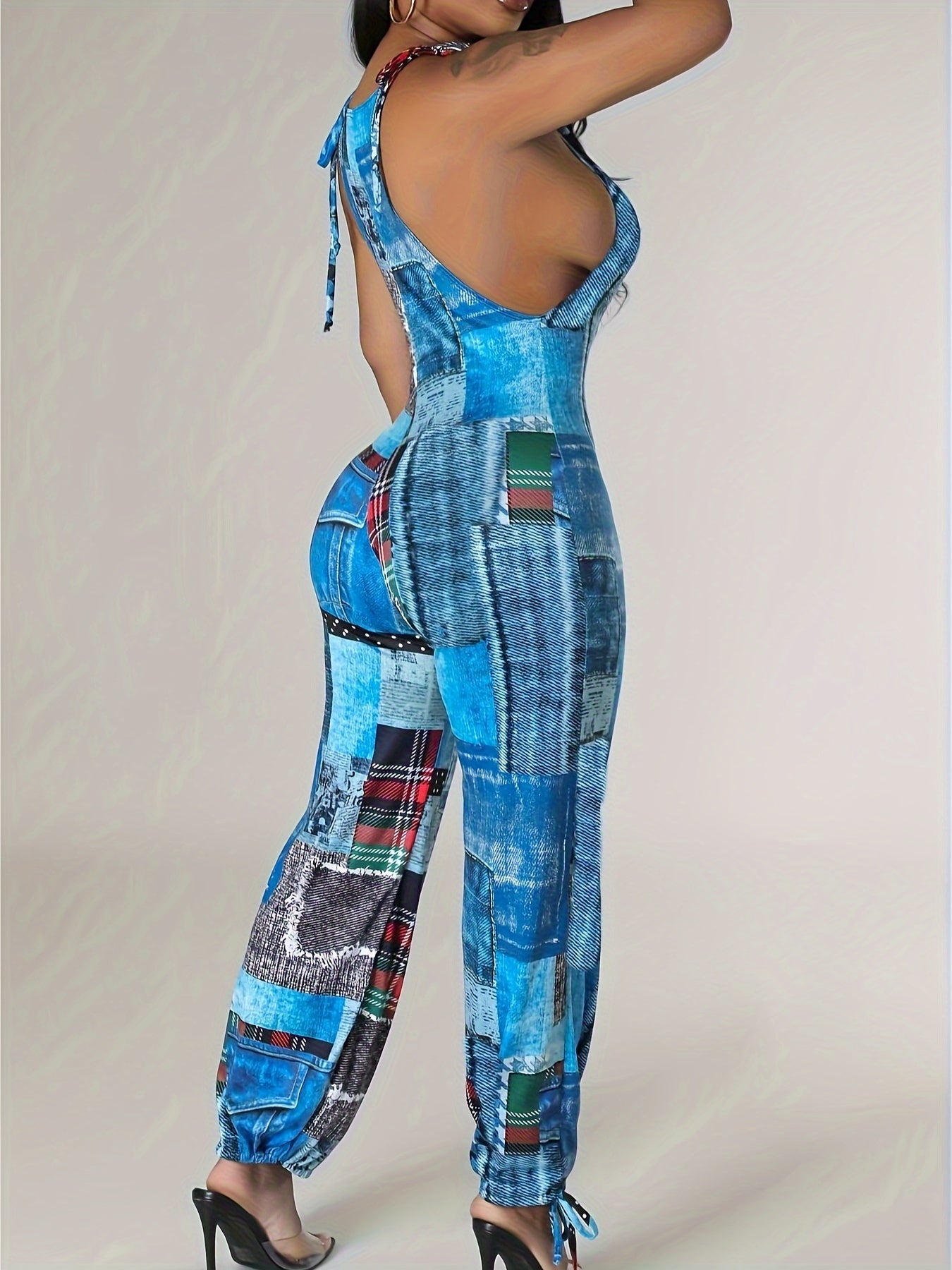 Patchwork Print Faux Denim Print Jumpsuit, Casual Sleeveless Tie Strap Drawstring Jogger Jumpsuit For Spring & Summer, Women's Clothing