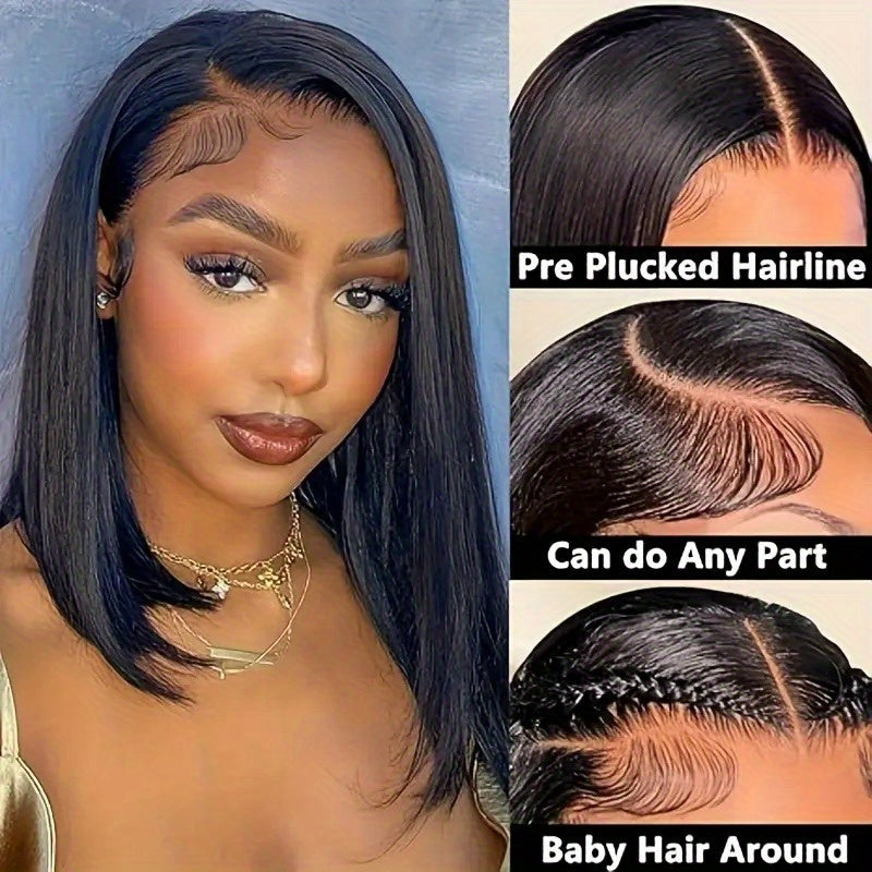 Elegant Straight Bob Wig - 200% Density 13x4 HD Lace Front, Pre-Plucked with Baby Hair, Glueless Brazilian Human Hair, Shoulder-Length Bob Style for Women, Natural Look, 100% Real Human Hair, Short Hair Wig