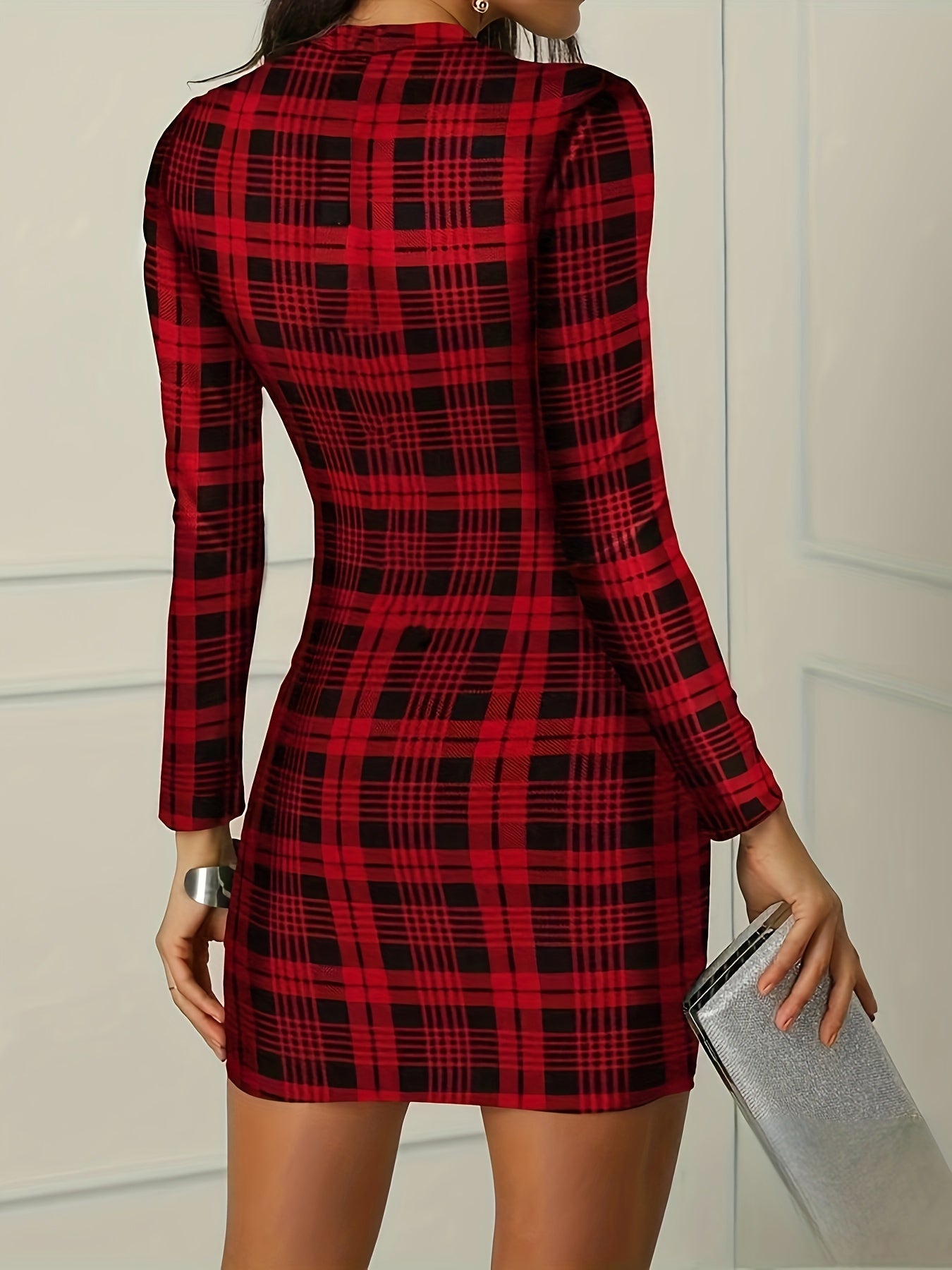 Women's Long Sleeve Mandarin Collar Bodycon Dress - Casual Plaid Polyester Knit Fabric with Spandex, Perfect for Spring/Summer/Fall