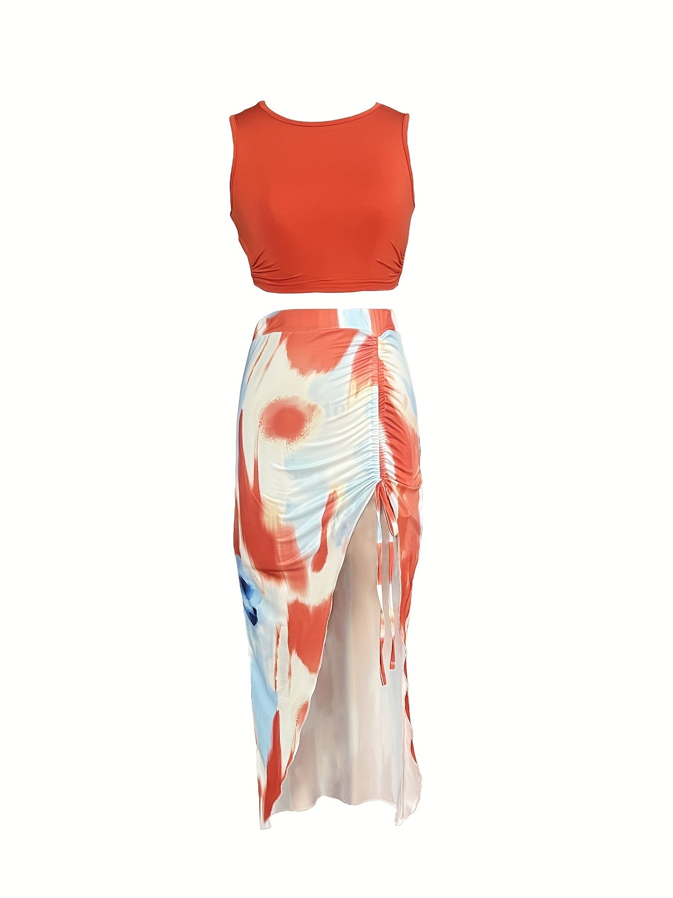 Elegant Floral Print Two-Piece Set for Women - Crop Tank Top & High Slit Skirt with Drawstring Detail, Polyester, Machine Washable - Perfect for Spring/Summer, Short, Print