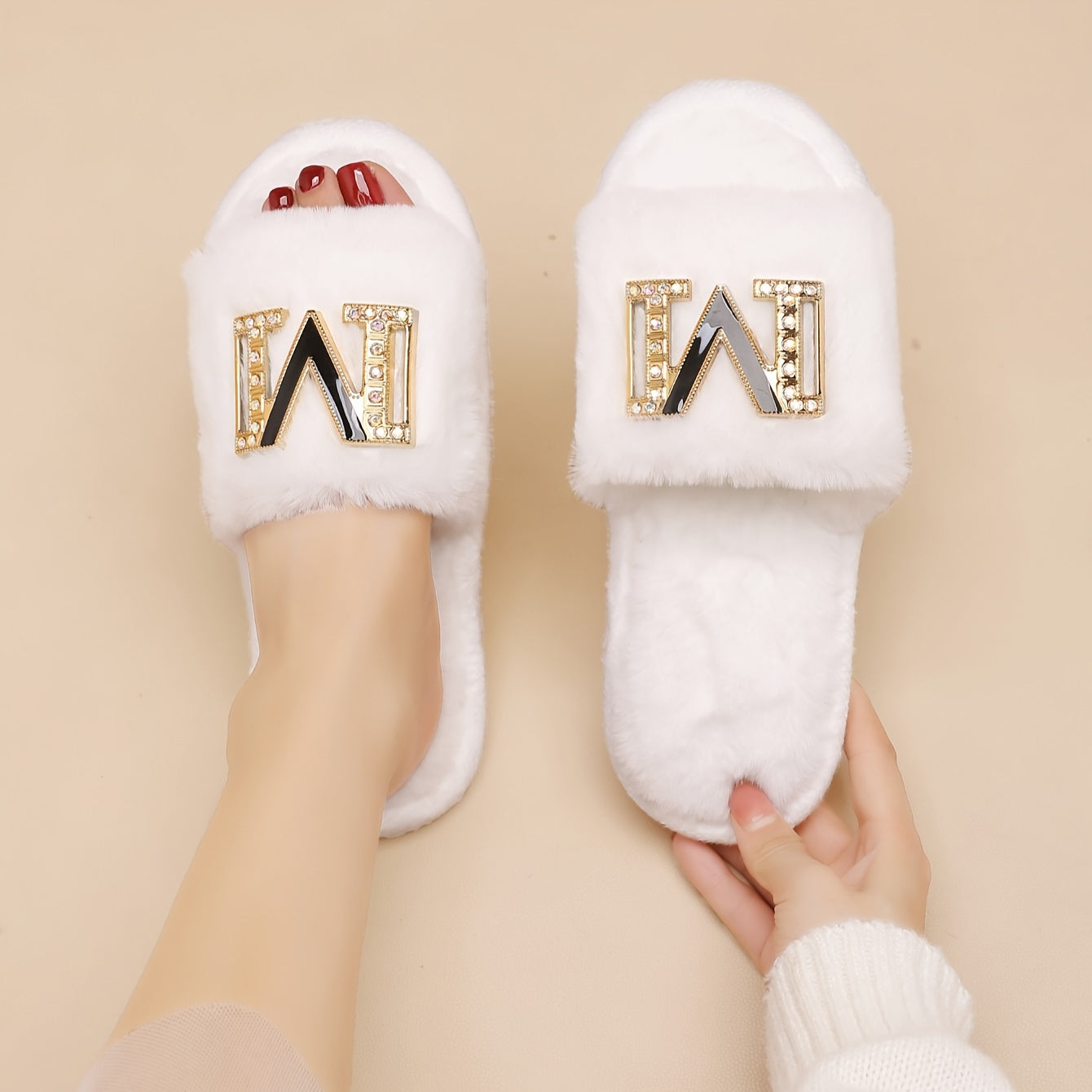 Women's Plush Slippers with Metallic "M" Design - Soft Sole, Cozy Fuzzy Fabric, Black & White Options, Comfortable Indoor Shoes for All Seasons, Ladies Slippers