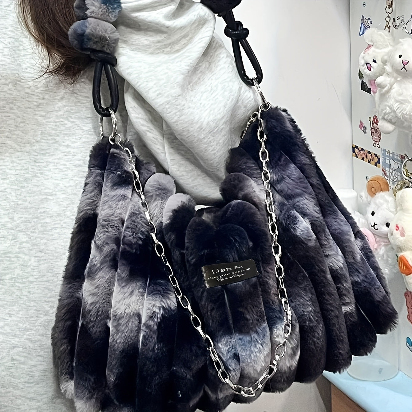 Chic Tie-Dye Plush Shoulder Bag for Women - Spacious & Stylish with Secure Zip Closure, Canvas Lined