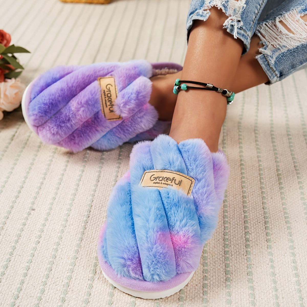 Women'S Minimalist Stylish Indoor Cozy Warm Soft-Bottom Silent Fluffy Slippers