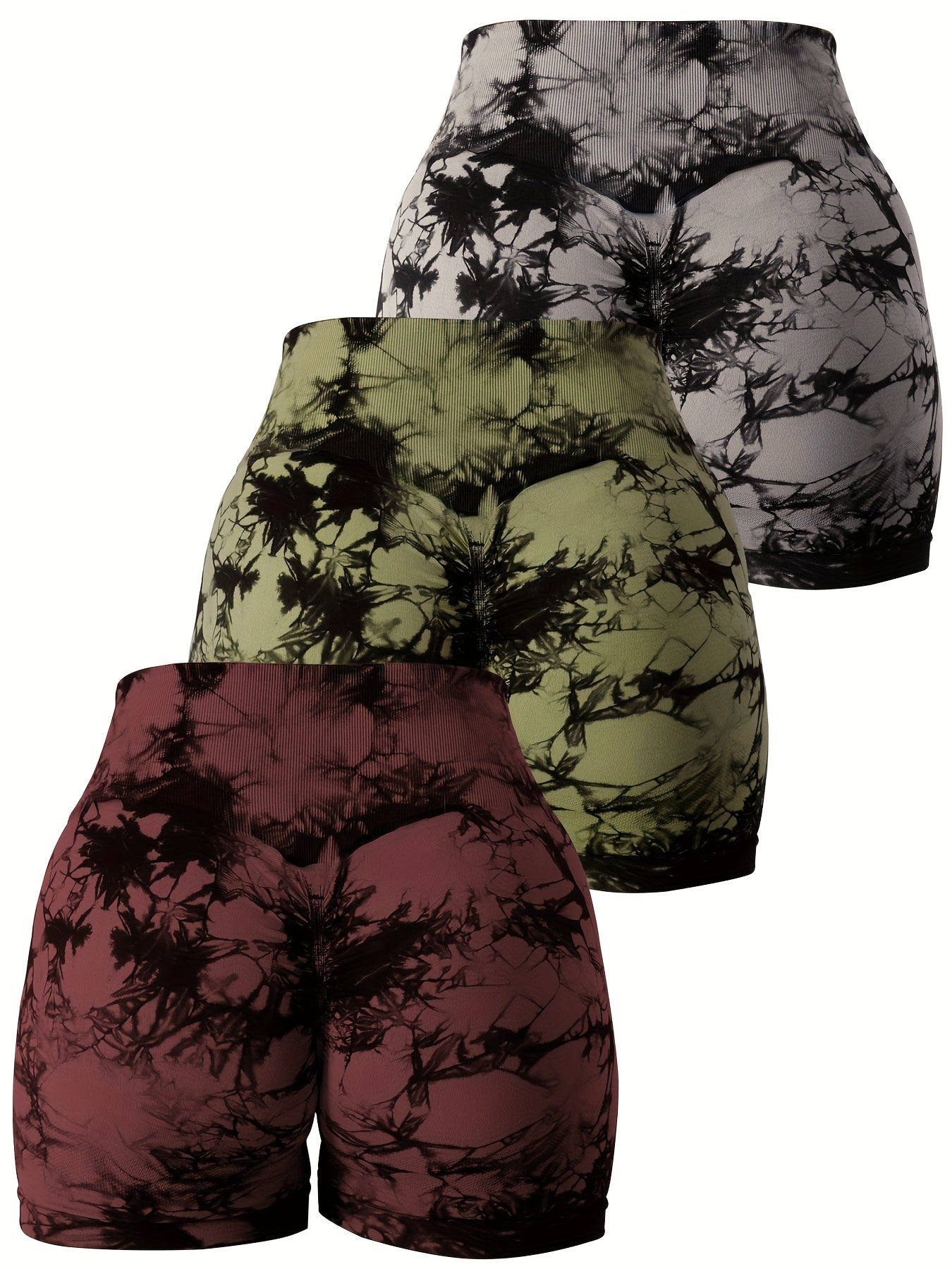 3pcs Women's High Waist Tie-Dye Yoga Shorts - Seamless, Stretchy Nylon Workout Shorts with Vibrant Purple & Black Tie-Dye Pattern, Breathable Gym & Athletic Gear for Summer