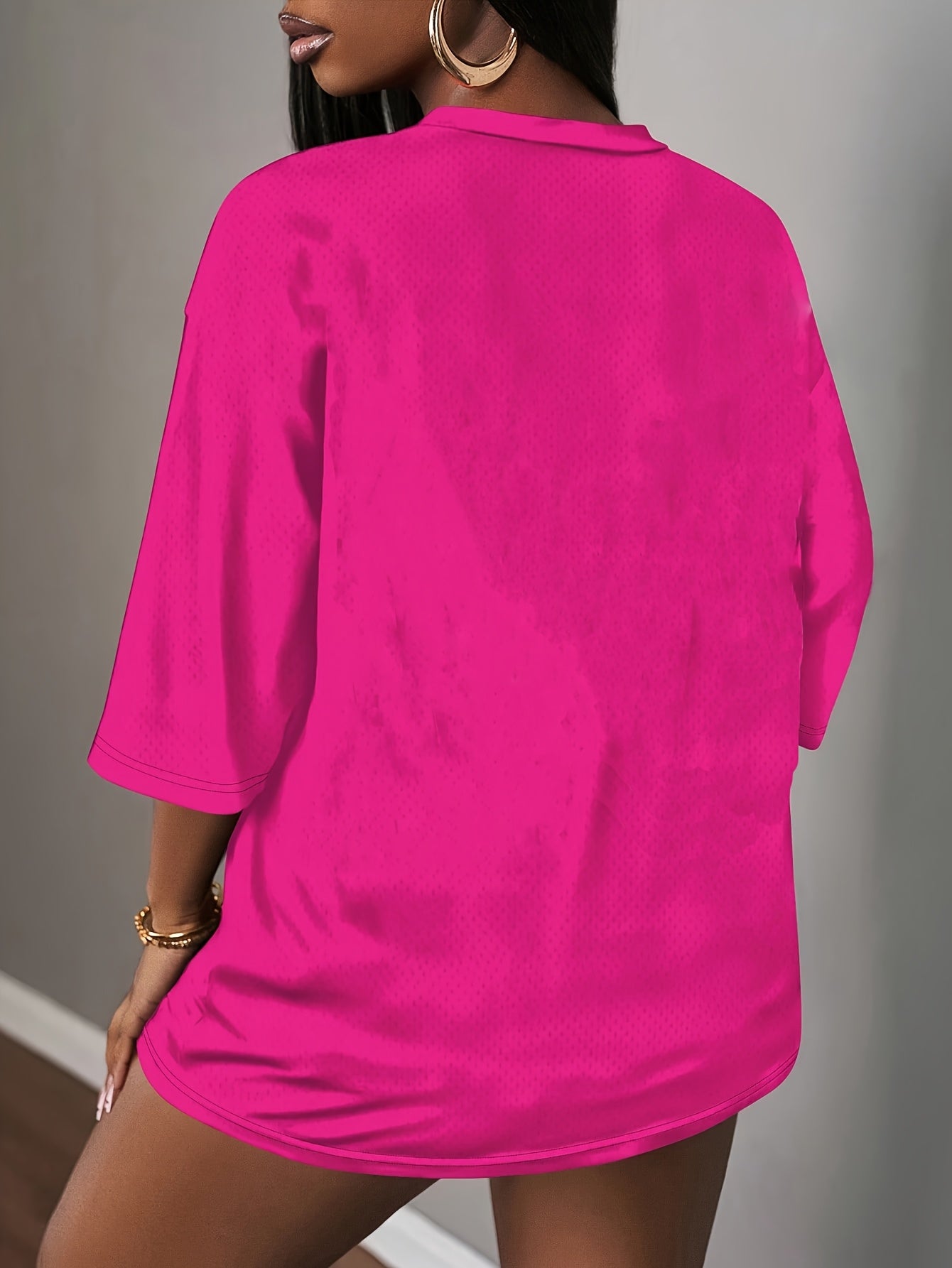 Women's Bright Pink V-Neck Breathable Mesh Athletic T-Shirt - FREE SPIRIT 98 Graphic Print, Summer Casual Sportswear, Machine Washable, Summer Athletic Wear | Sporty Vneck Top | Sporty Graphic Shirt, Sports T Shirt