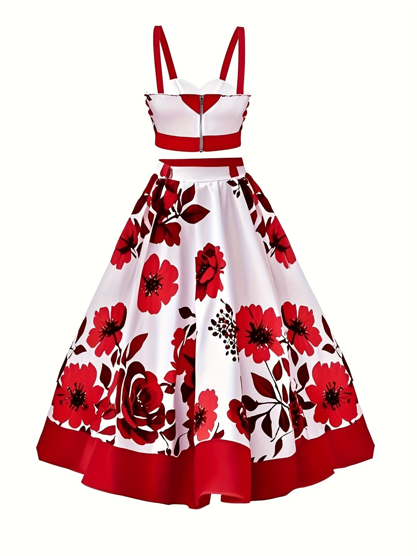 Elegant Floral Print Two-Piece Skirt Set - V-Neck Crop Top & High-Waist Flared Skirt, Polyester/Spandex Blend, Machine Washable, Perfect for Spring/Fall Fashion