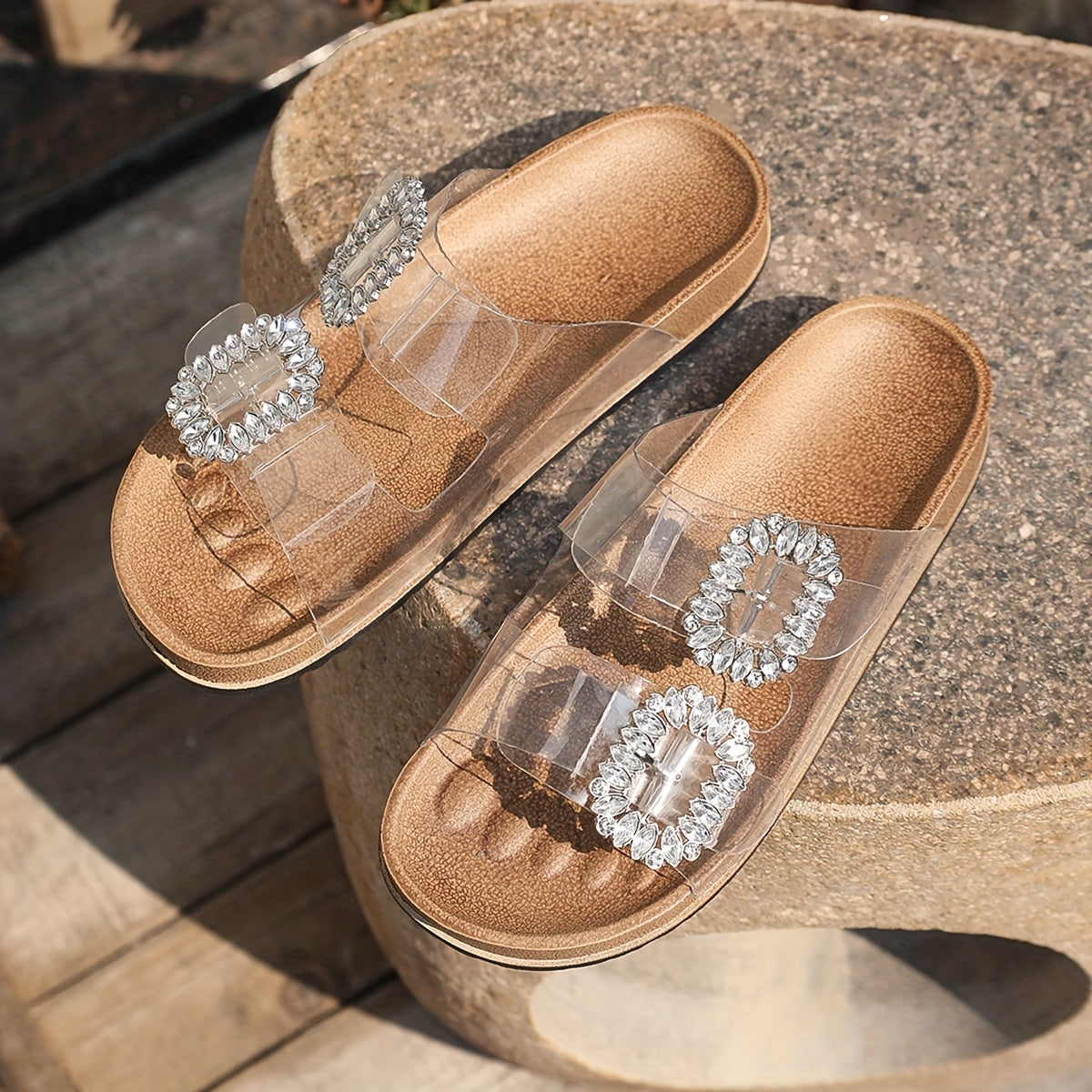 Women's Casual Versatile Double Strap and Buckle Flat Slippers, New Summer Rhinestone Square Buckle Outdoor Thick Sole Transparent Beach Shoes