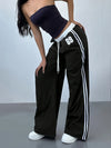 Women's Y2K Fashion Casual Pants - Navy Blue Striped Straight-Leg Trousers with Letter Detail, Drawstring Waist, Machine Washable, Polyester and Elastane Blend, Casual Wear Pants | 90S Inspired Fashion | Smooth Fabric Finish
