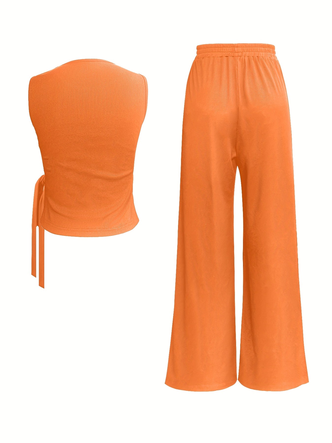 Elegant Women's Sleeveless Ribbed Top & Wide-Leg Pants Set – Bow Detail, Stretchy Knit Two-Piece Outfit for Spring/Summer