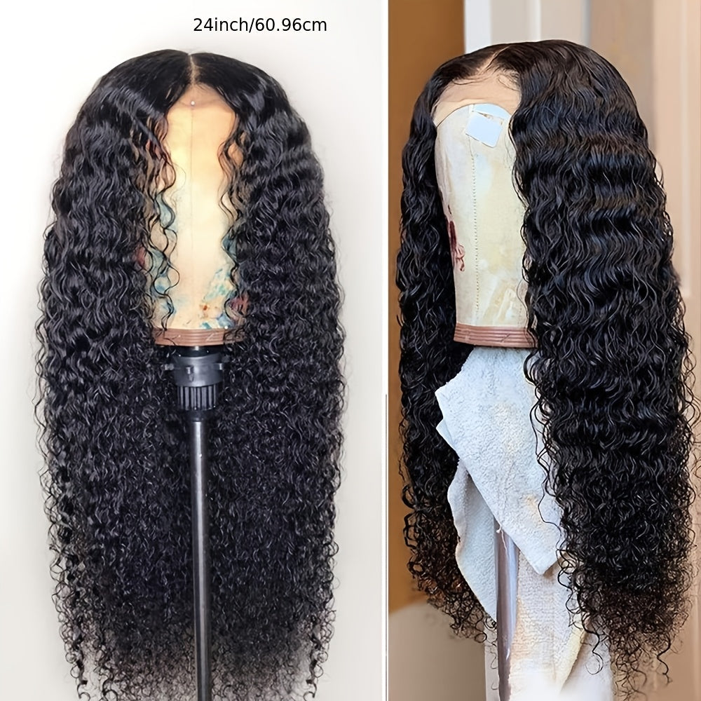 Glueless Long Loose Curly Lace Front Wig - Natural Black, Pre-Plucked 13x4 Free Part, Heat Resistant Synthetic Hair, 24" with Adjustable Straps & Combs for Women, Perfect for Daily Wear, Parties, Weddings & Special Occasions