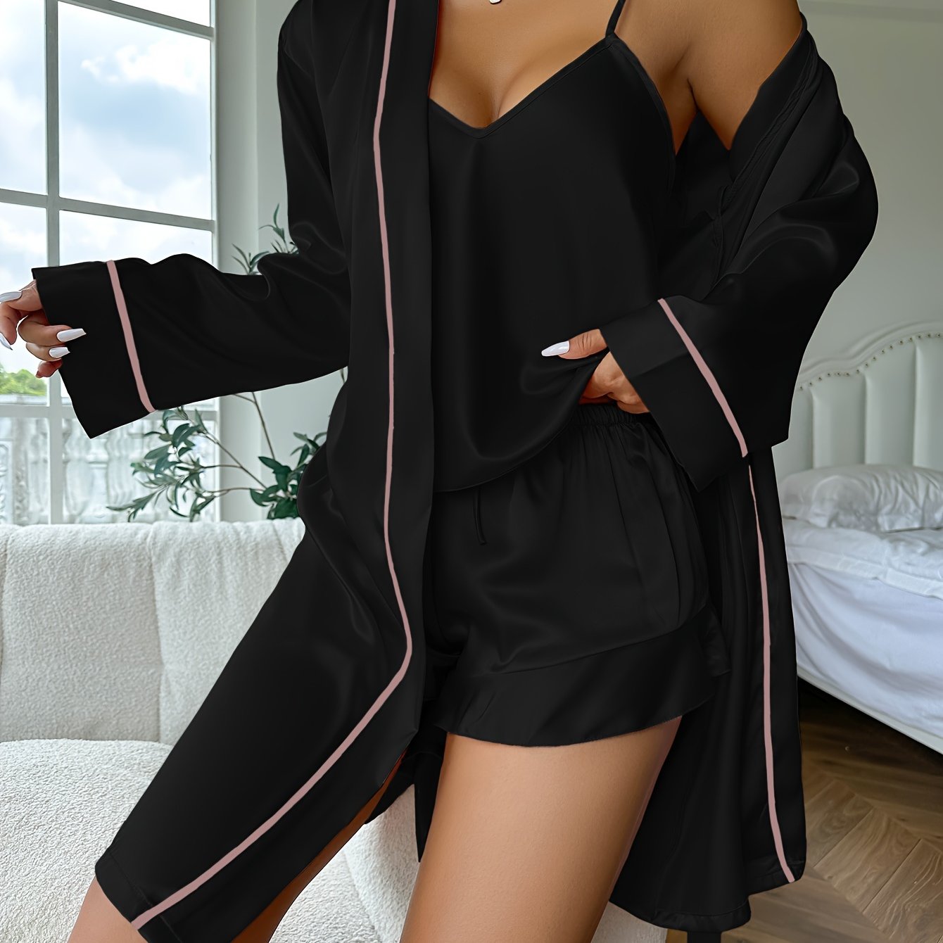 Luxurious Satin Pajama Set - Cozy Long Sleeve Robe with Belt, V-Neck Cami Top & Shorts - Womens Effortless Sleepwear and Lounging Elegance