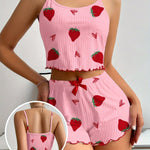 Women's Strawberry Print Sexy Ribbed Frill Trim Pajama Set, Round Neck Backless Crop Cami Top & Shorts, Comfortable Relaxed Fit, Summer Nightwear