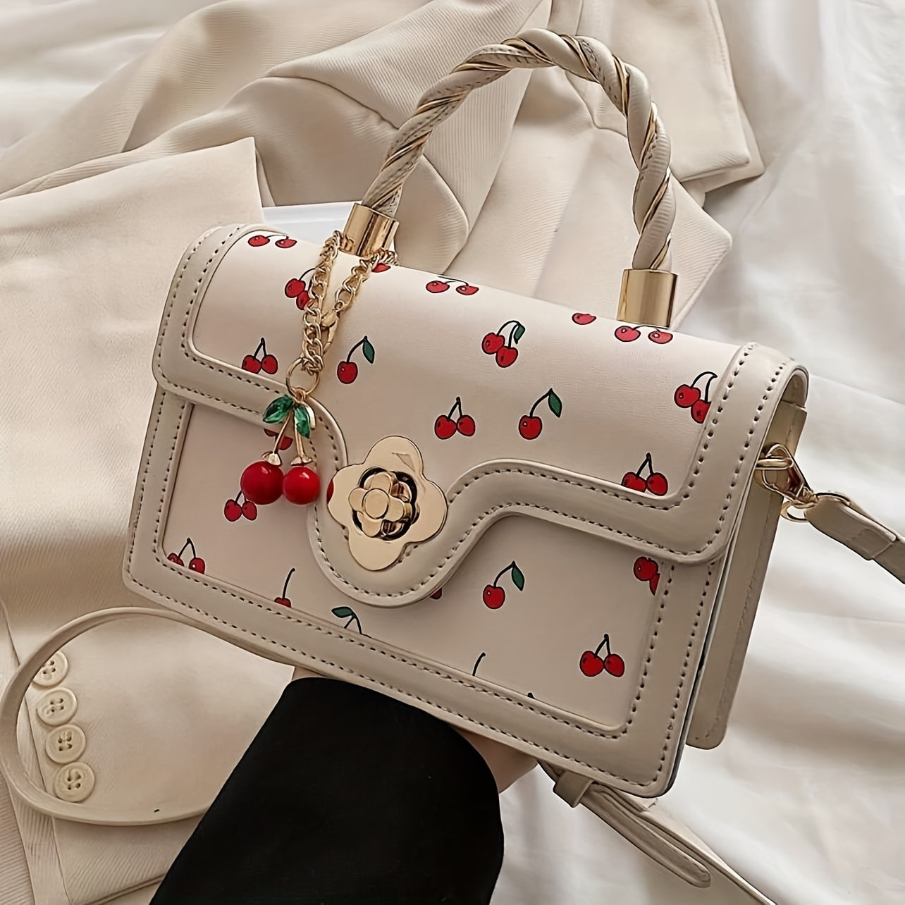 Fashionable High-End PU Tote Bag with Versatile Square Shape and Cute Cherry Print, Perfect for Shopping, Dating Or Cross-Body for Girls., Kawaii Cherry Elements