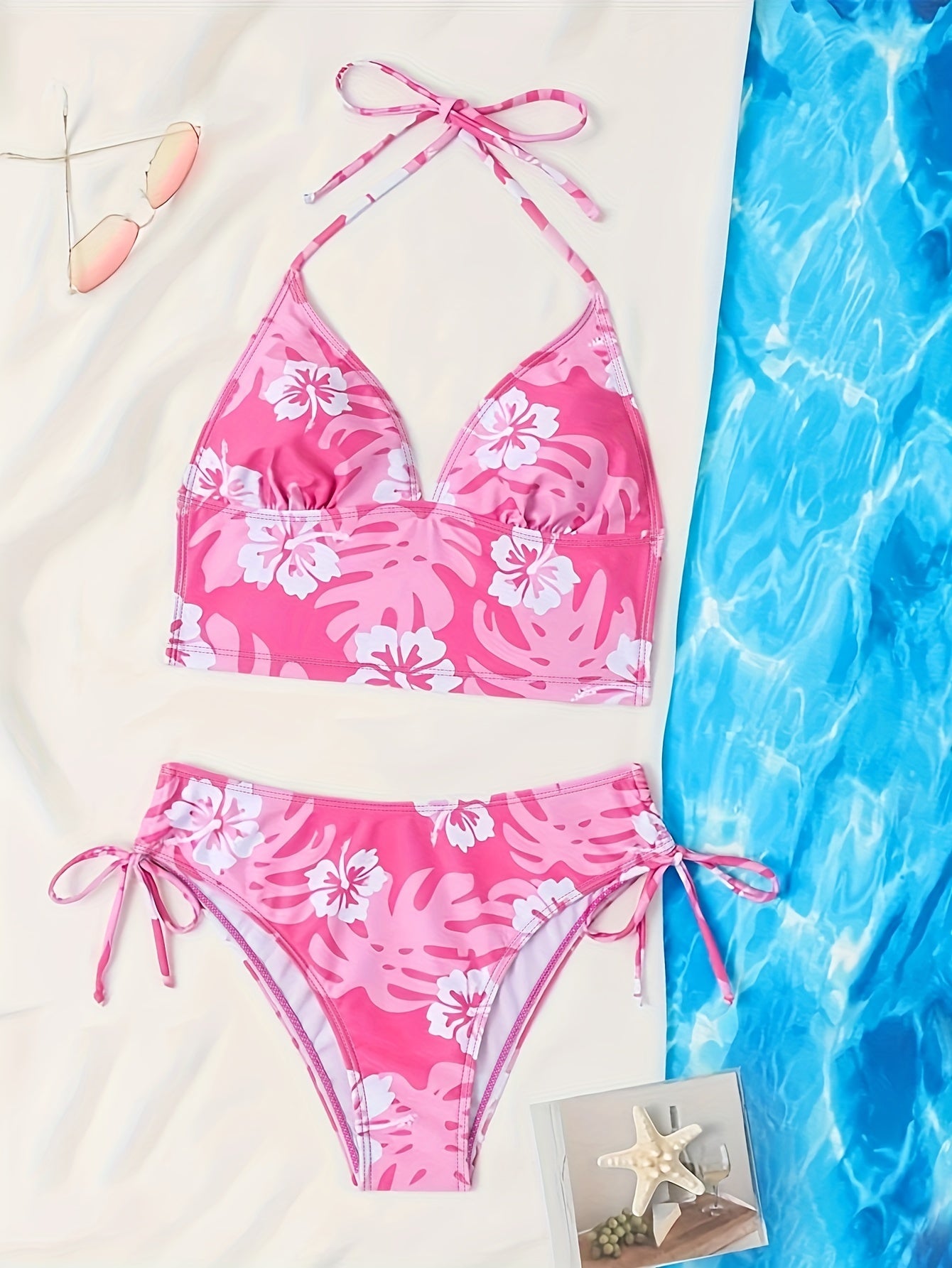 2-Piece Pink Floral Tankini Set - Halter Neck & Drawstring Feature, Tie-Back Stretchy Swimsuit - Ideal for Valentine's Day & Summer Beachwear