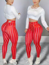 High-Waist Denim-Look Yoga Pants for Women - Sexy Fitness Leggings with Trendy Striped Design, Red & White Vertical Stripes, Stretchy Polyester Blend, Machine Washable, Perfect for Yoga, Running, and Gym Workouts, Athletic We