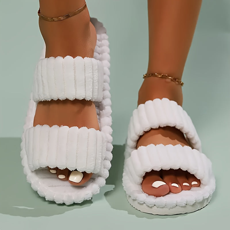 Elegant Women's Plush Slippers with Warm Lining - Striped Open Toe, Non-Slip EVA Sole, Cozy Indoor Comfort