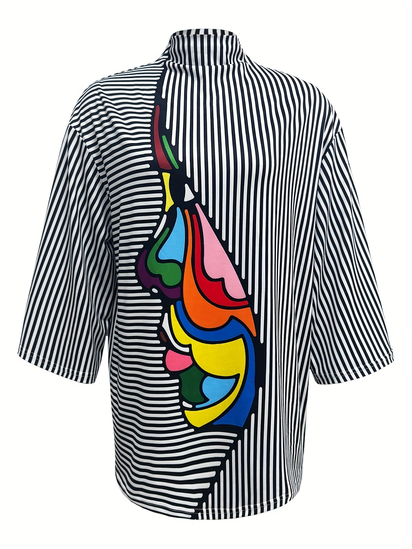 Women's Stylish Striped Long Sleeve Mock Neck Top - Casual Abstract Print Blouse in Black, White & Multicolor, Perfect for Spring/Fall, Ladies Blouses