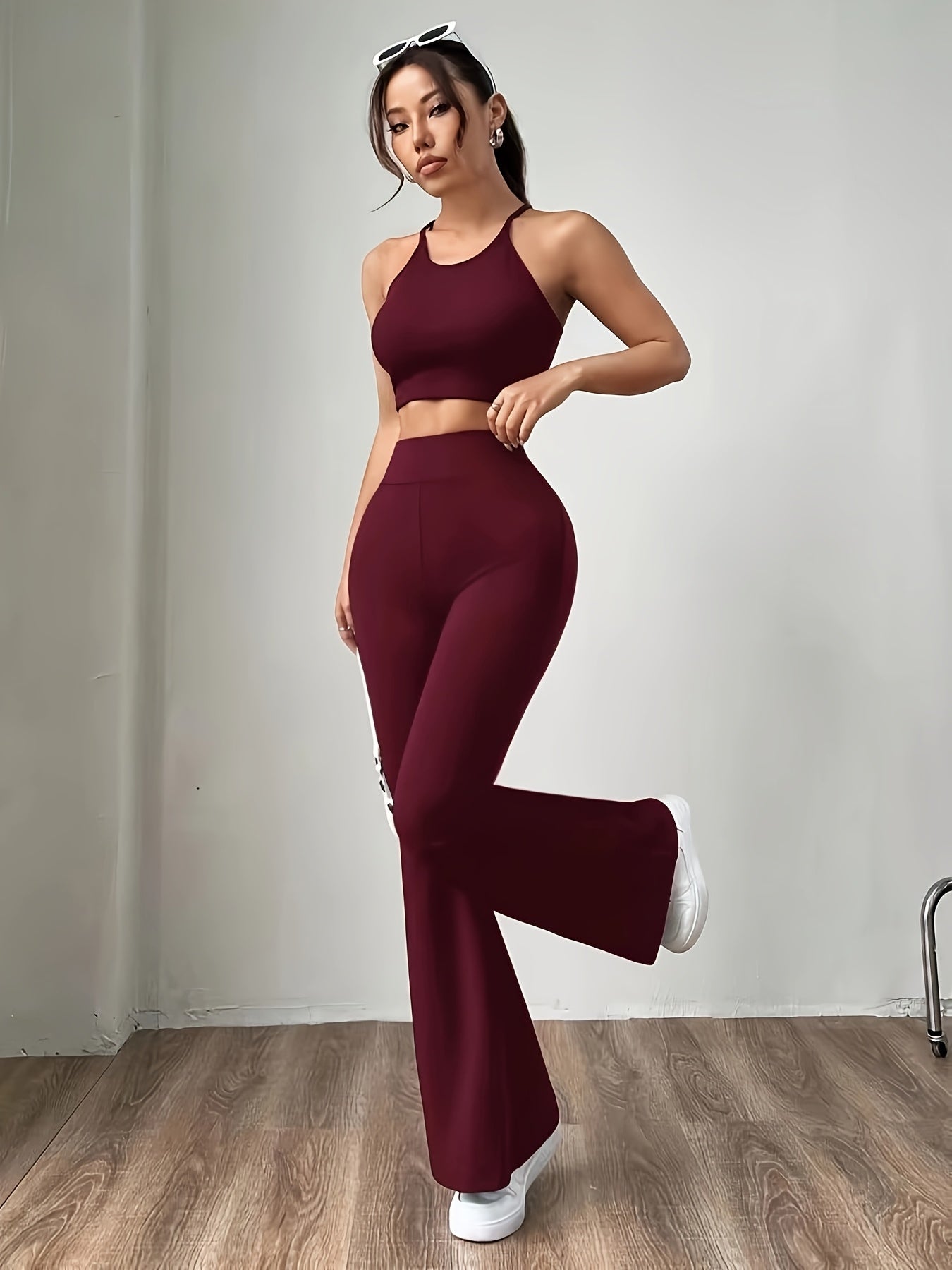Women's High-Waisted Flare Pants | Burgundy Polyester-Spandex Blend | Stretchy, Non-Transparent | Machine Washable & Dry Clean Safe | Casual Style for All Seasons | Comfort Fit with Elastic Waistband, High Waisted Leggings