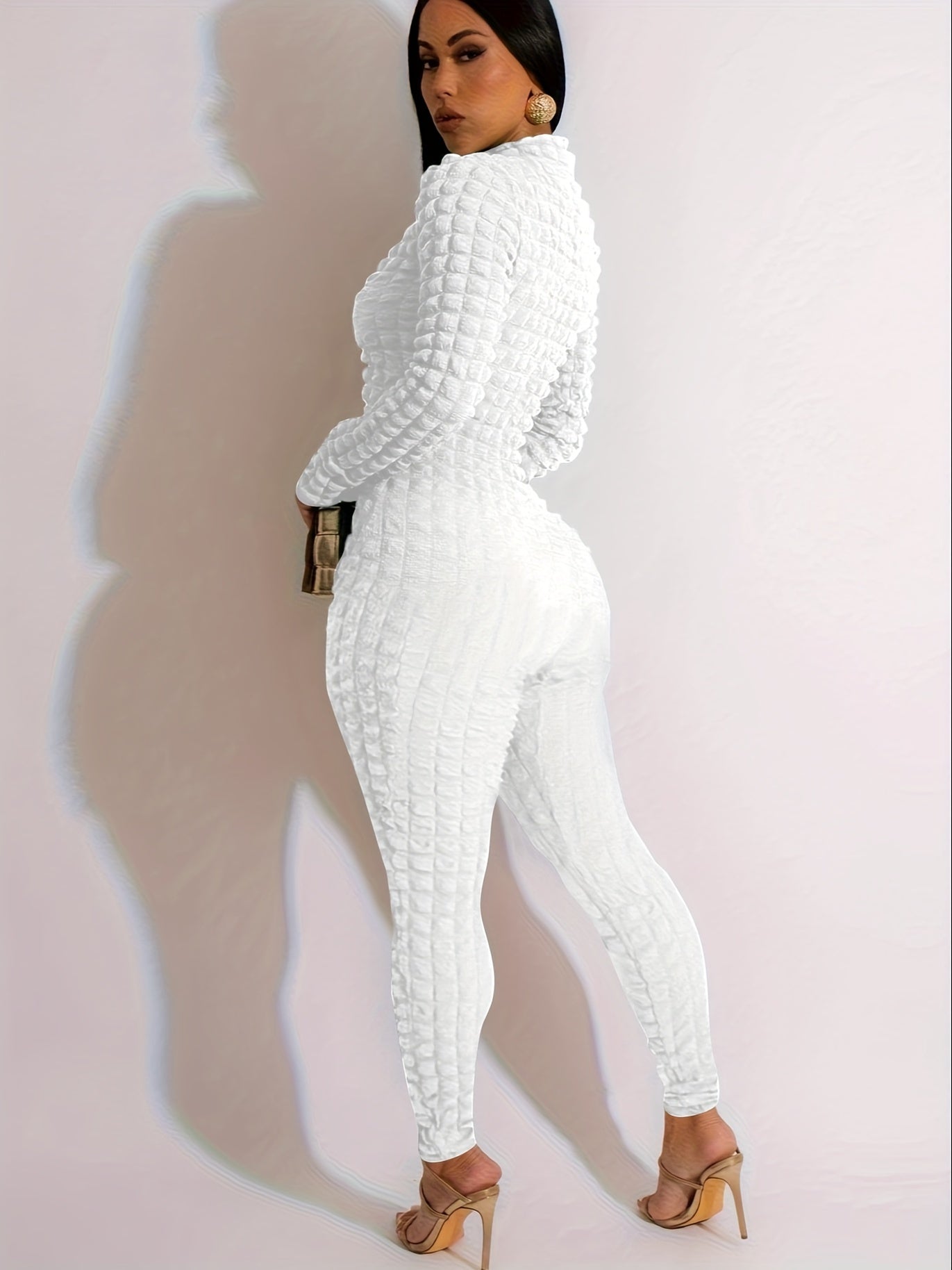 Women'S Solid Color Popcorn Jumpsuit, Polyester 95% Spandex 5% Long Sleeve Crew Neck Knit Fabric, Chain Detail, Regular Sleeve, Spring/Fall Season, 250g/m² Fabric Weight