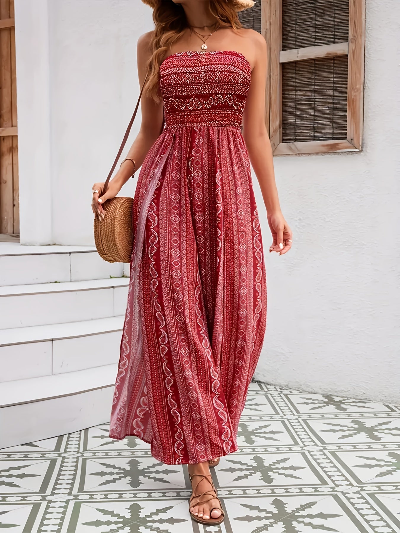 Bohemian Style Bandeau Dress, Polyester 100% Shirred Maxi Jumpsuit with Side Slit, Ethnic Print Chiffon Wide Leg Romper for All Seasons, 230g/m² Woven Fabric, Adult Fashion