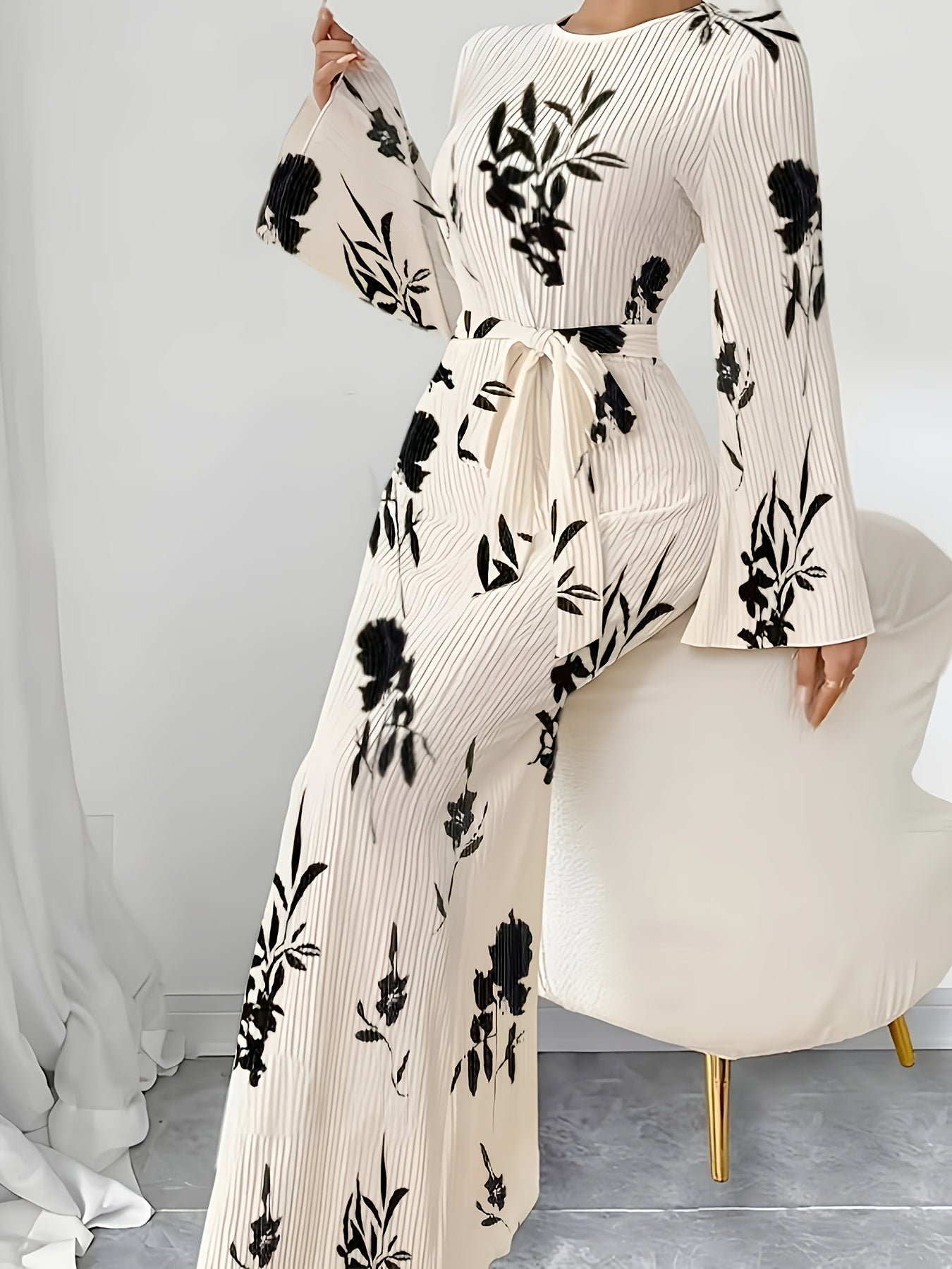 Elegant Women's Floral Maxi Dress with Pleated Fabric - Flared Long Sleeves, Round Neck, Belted Waist, Ribbed Detail - Polyester, Non-Sheer - Perfect for Fall/Winter, Stylish Layering Piece|Pleated Fabric Gown|Polyester Dress