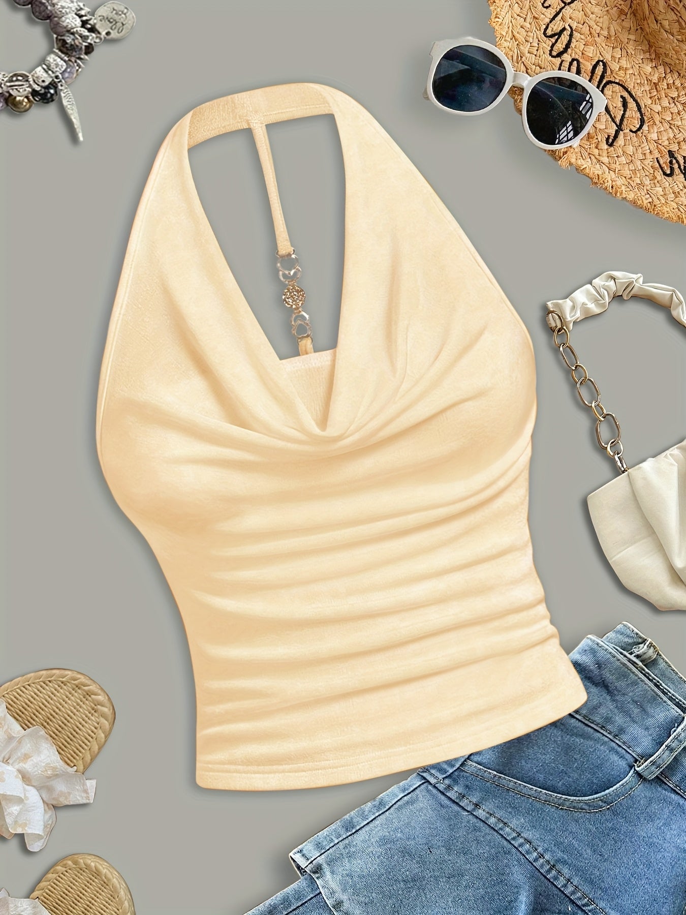 Women's Sexy Halter Neck Sleeveless Top - Semi-Sheer Stretchy Slim Fit Backless Shirt, Vibrant Yellow Solid Color, Machine Washable for Casual & Evening Outfits, Evening Wear, Backless Design, Sensual Apparel, Semitransparent