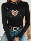 Viscose Blend Top for Spring/Summer, Casual Chic Top|Trendy Women's Black Knit Sweater with Sparkling Heart Design - Chic Long Sleeve, Round Neck, Lightweight Viscose Blend Top for Spring/Summer, Casual Chic Top|Trendy Women'