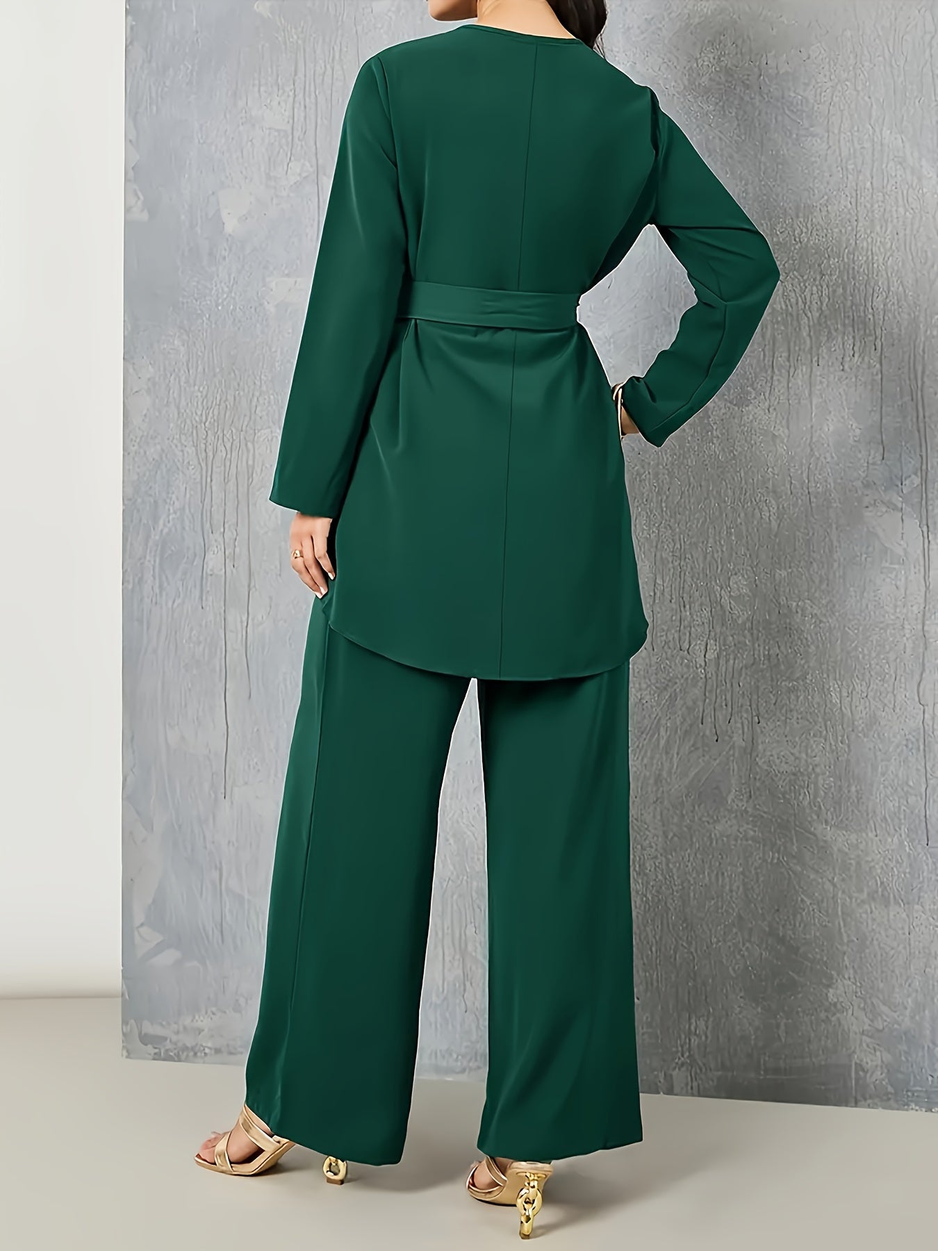 2 Pcs Solid Color Top & Pants Set, Long Sleeve Asymmetric Hem Belted Top & Straight Leg Pants Outfits, Women's Clothing