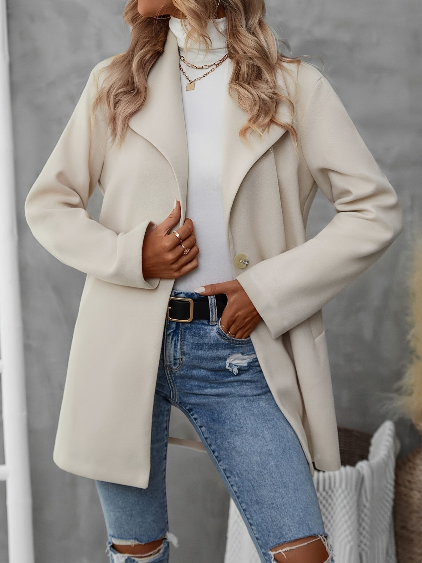 Elegant Women's Solid Color Blazer with Large Lapel - Long Sleeve, Open Front, Machine Washable - Perfect for Fall/Winter, Fleece, M9306